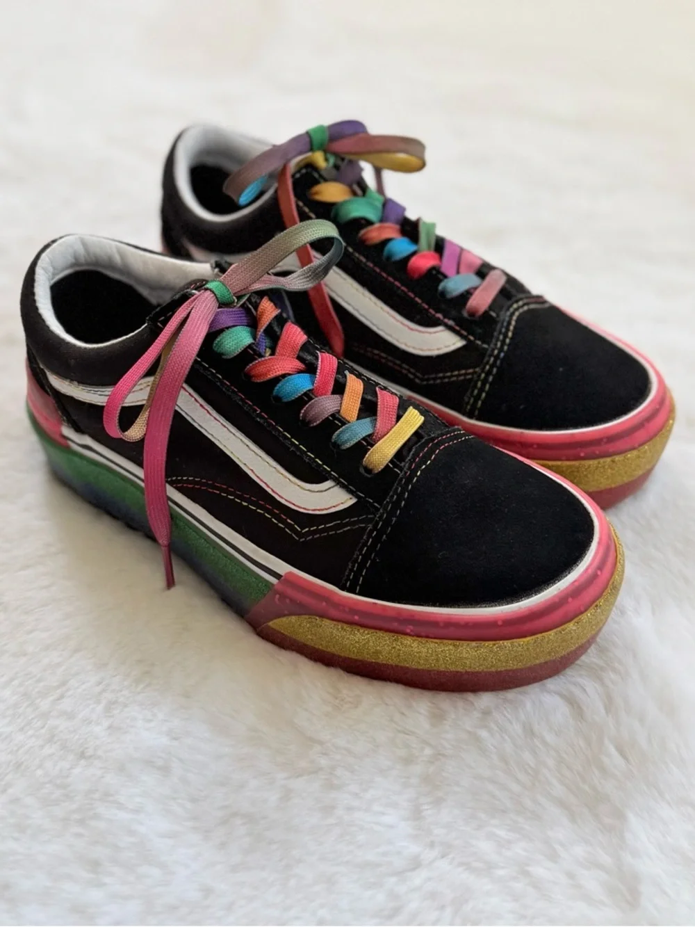 VANS Women’s 5 Old Skool Stacked Glitter Sneakers • Platform Suede Canvas Shoes